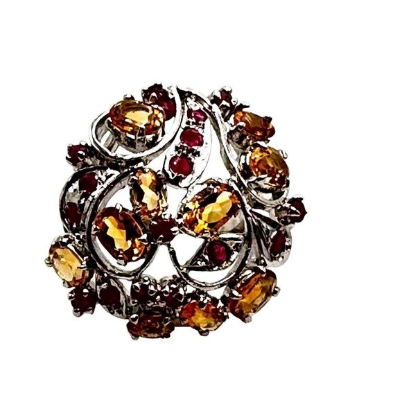 Yellow Citrine and Ruby Domed Sterling Silver Ring Size 7 - Picture 6 of 6